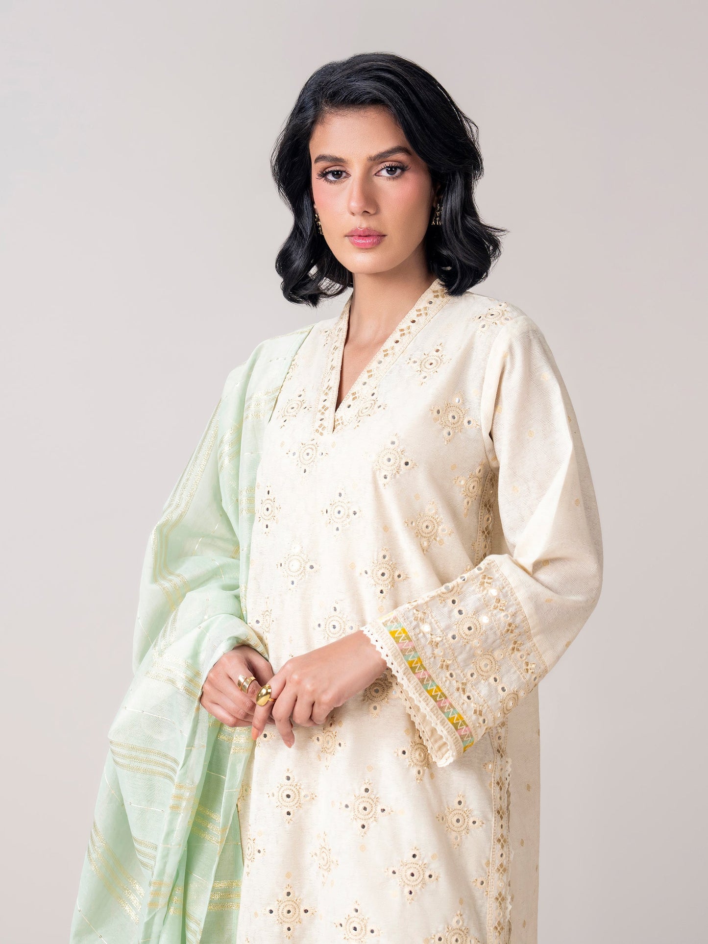3 Piece Self Jacquard Suit- Embroidered (Pret)