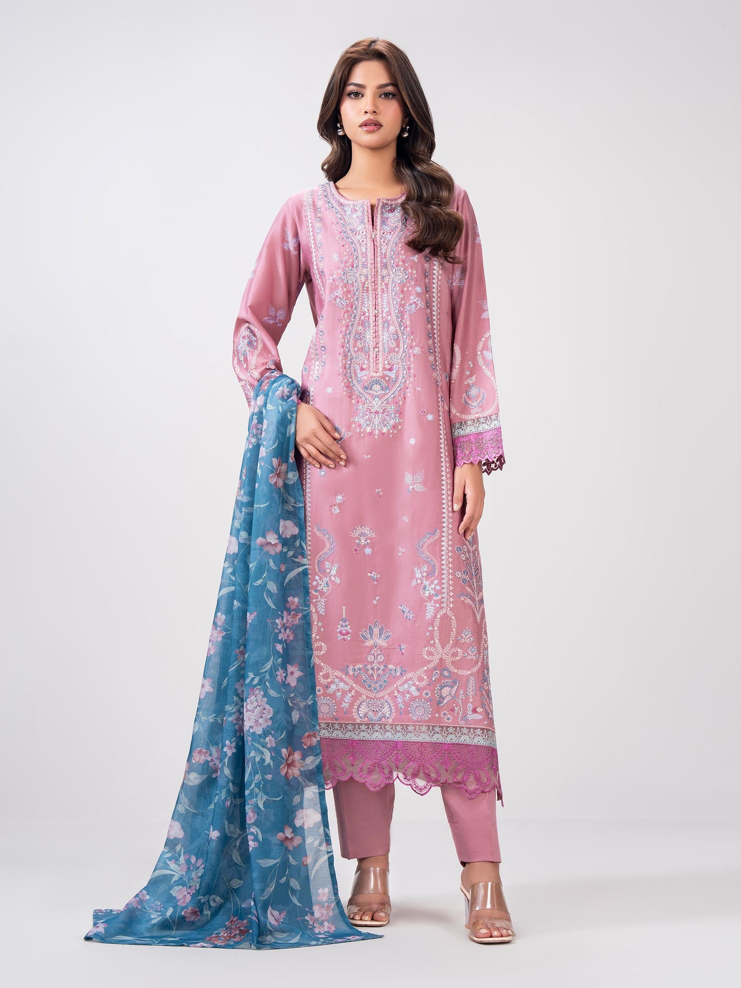 3 Piece Satin Suit- Embroidered (Pret)