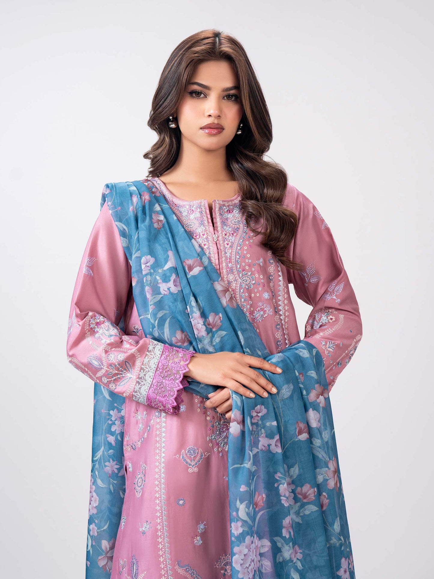3 Piece Satin Suit- Embroidered (Pret)