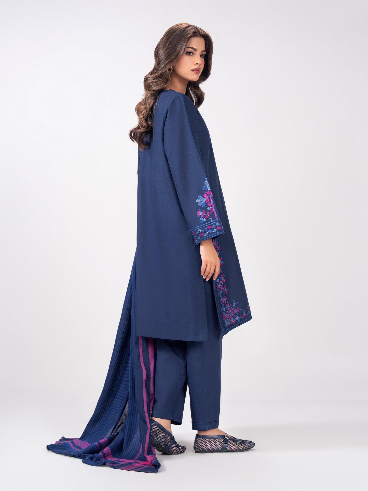 3 Piece Slub Khaddar Suit- Embroidered (Pret)