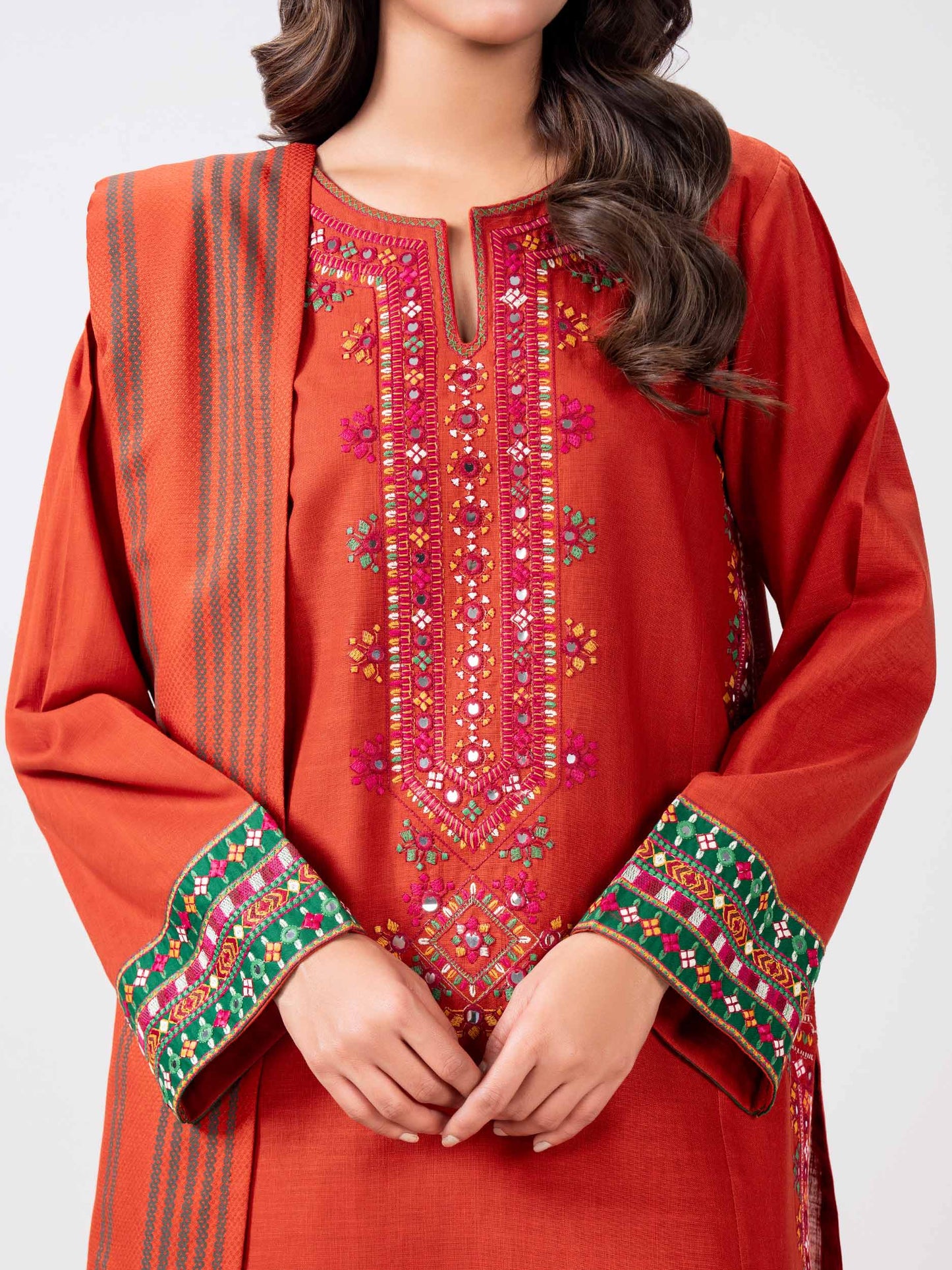 3 Piece Slub Khaddar Suit- Embroidered (Pret)