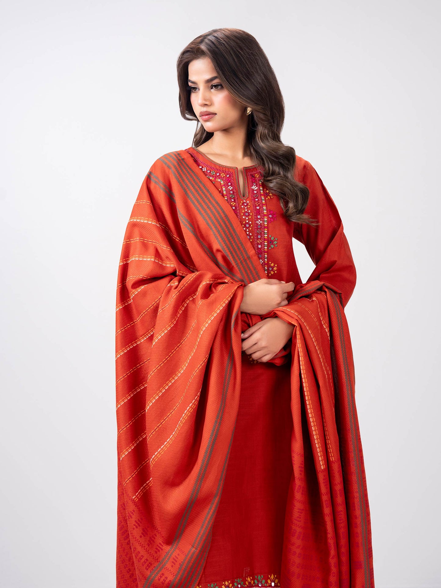 3 Piece Slub Khaddar Suit- Embroidered (Pret)