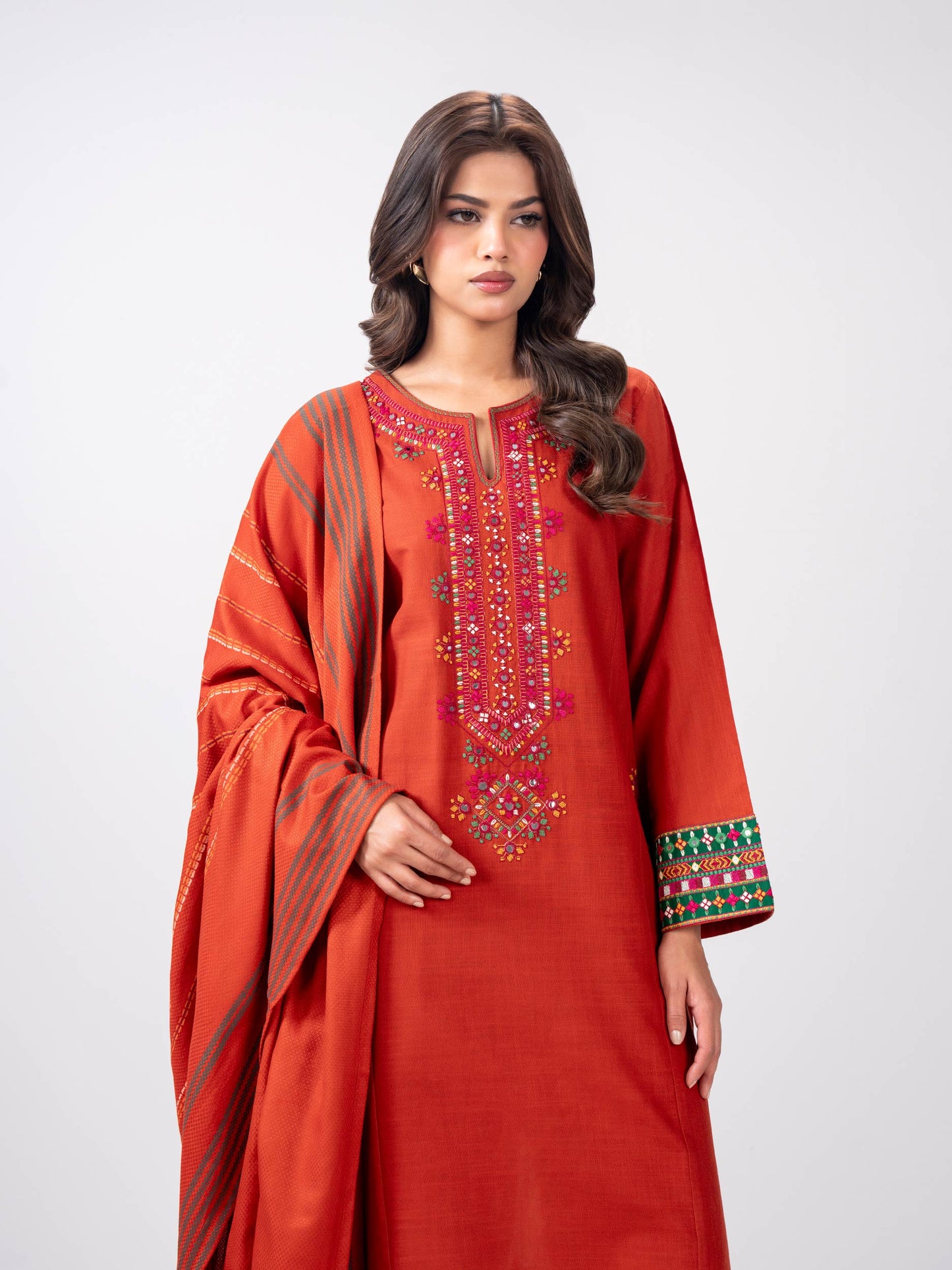 3 Piece Slub Khaddar Suit- Embroidered (Pret)