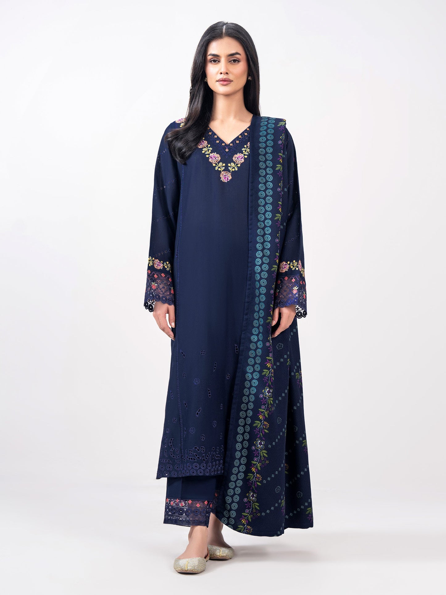 3 Piece Slub Khaddar Suit- Embroidered (Pret)