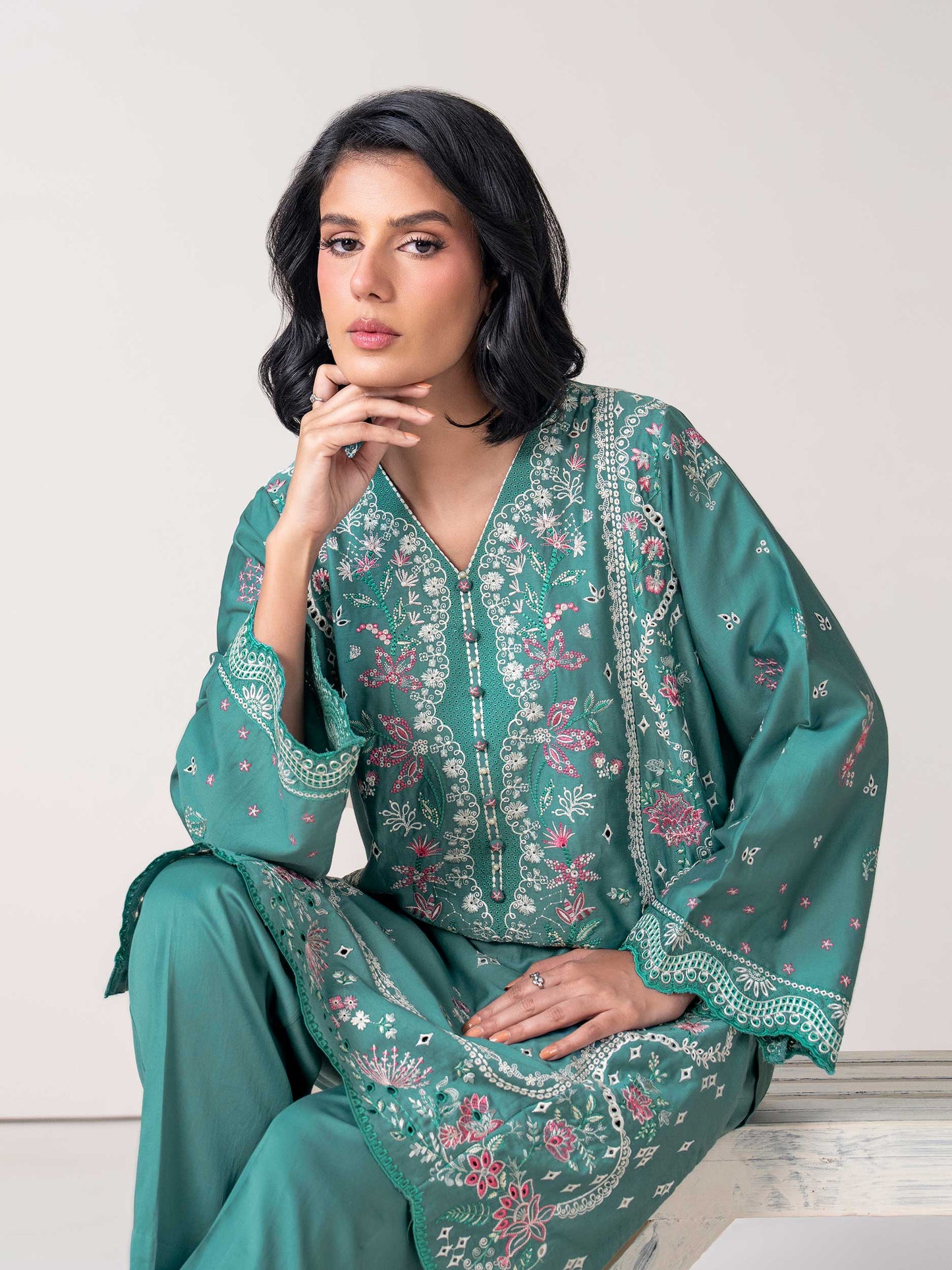 2 Piece Satin Suit- Embroidered (Pret)