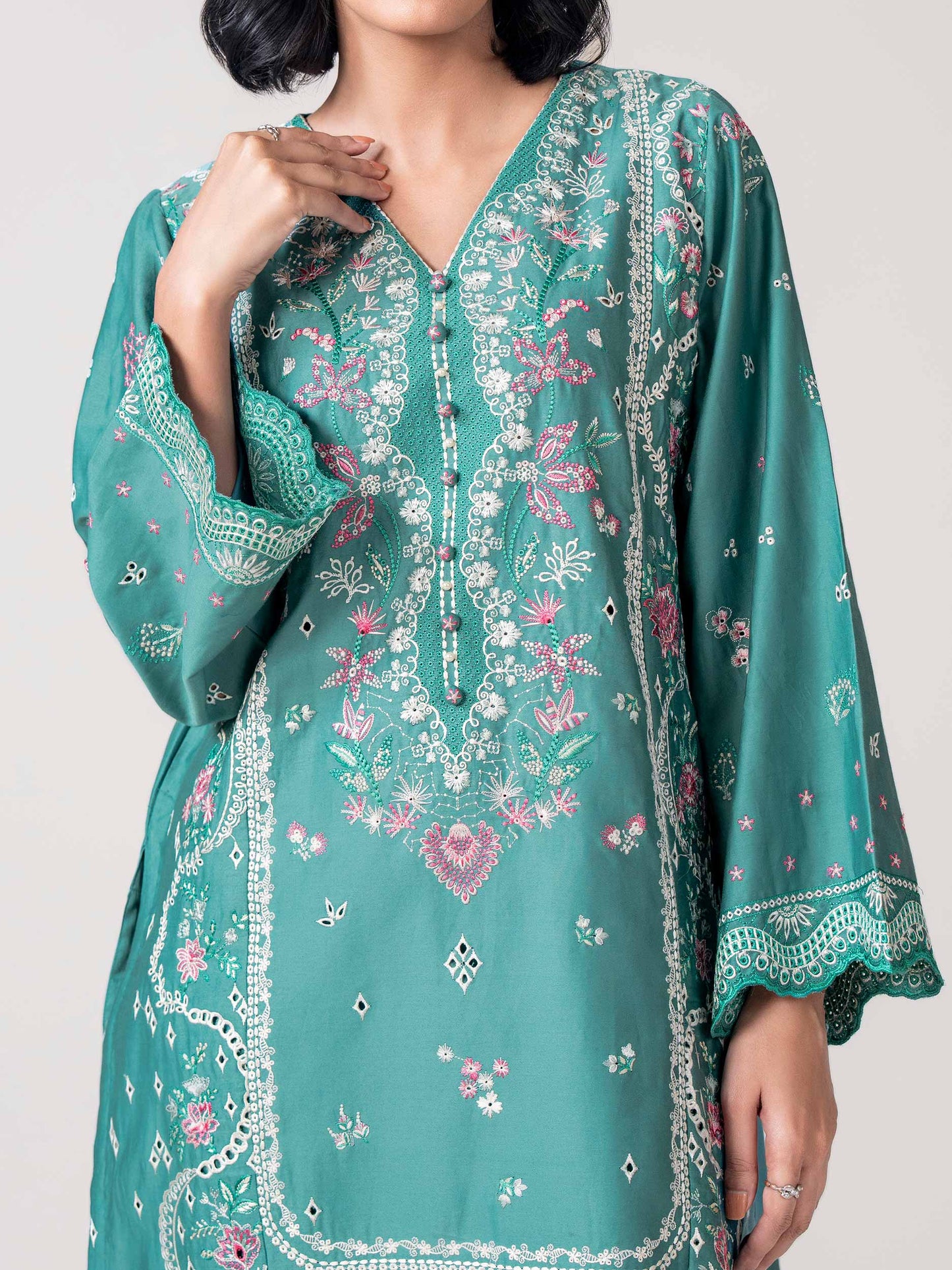 2 Piece Satin Suit- Embroidered (Pret)