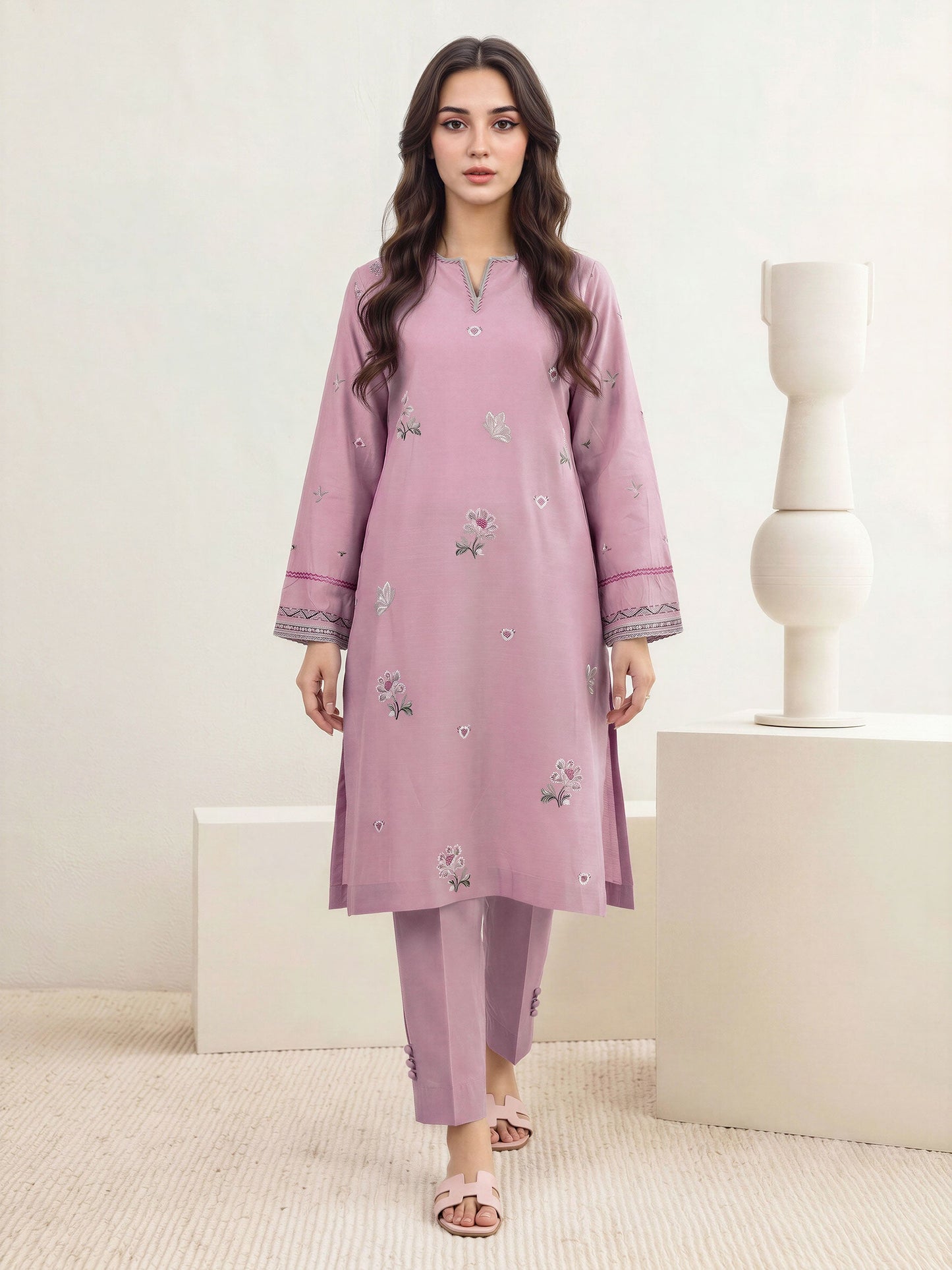 2 Piece Lawn Slub Suit- Embroidered (Pret)