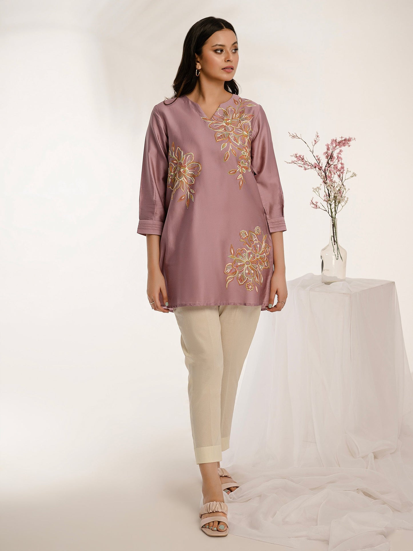 Satin Kurti-Embroidered (Pret)