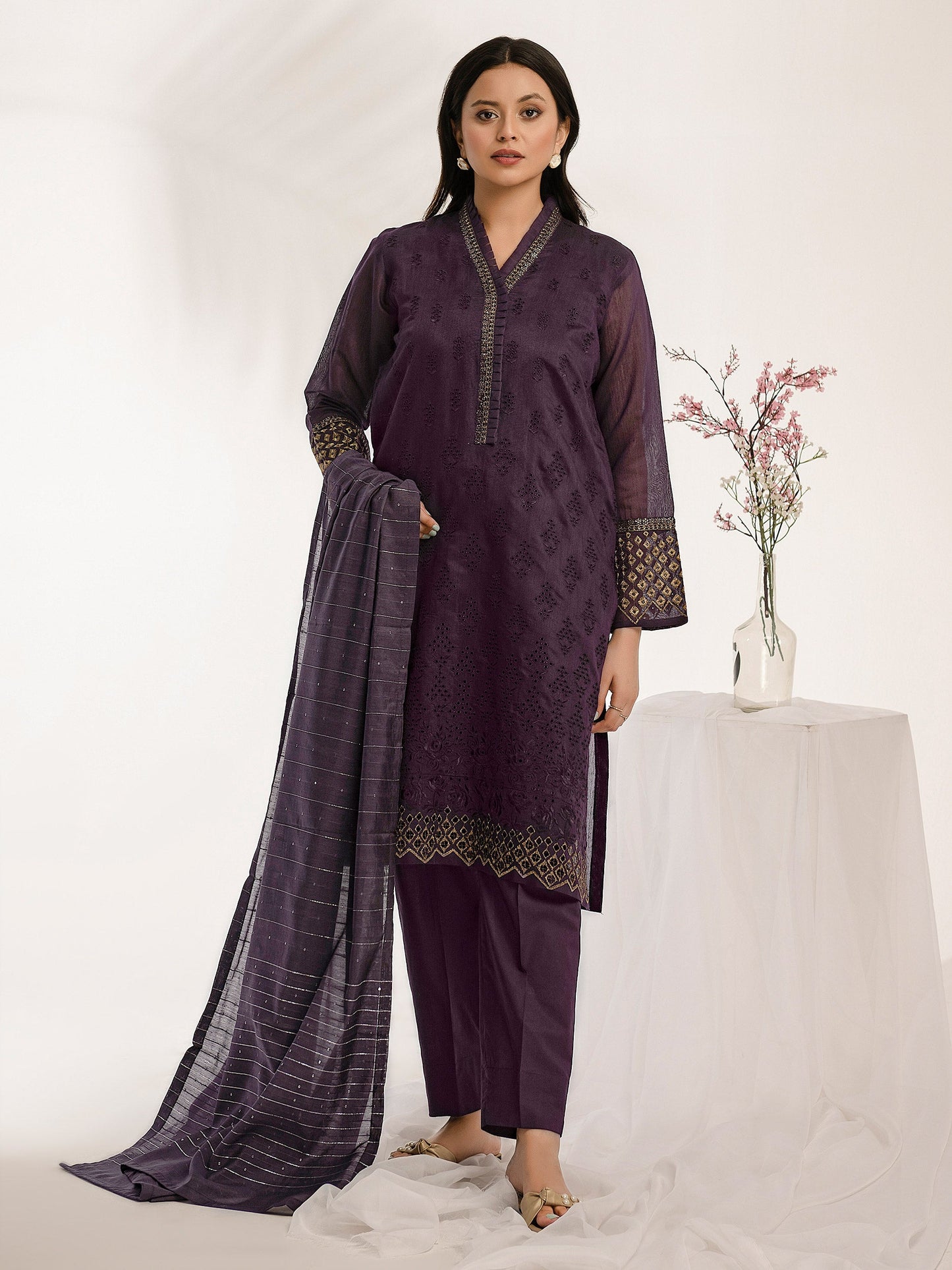 3 Piece Cotton Net Suit-Embroidered (Pret)