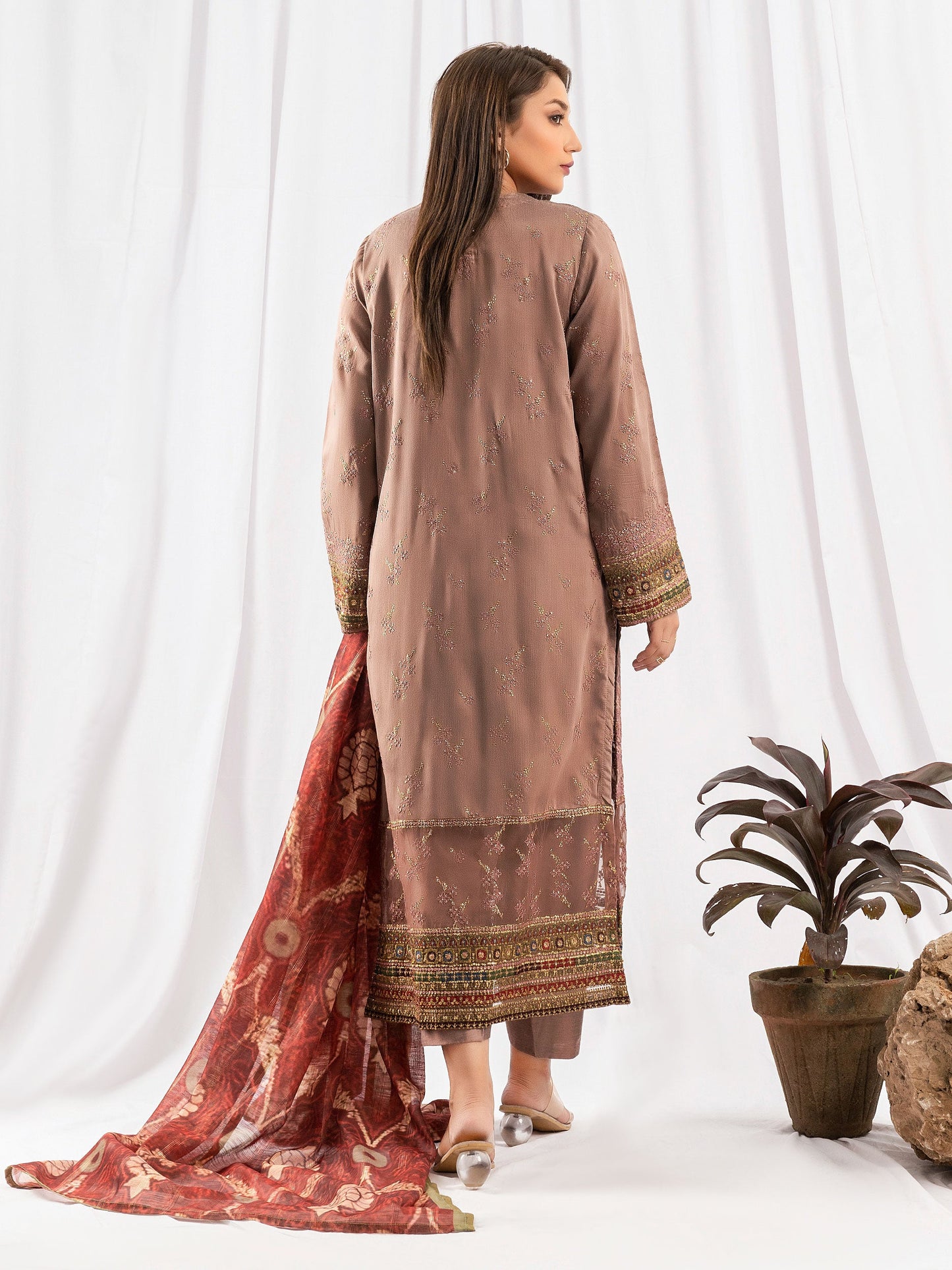 3 Piece Raw Silk Suit-Embroidered (Pret)