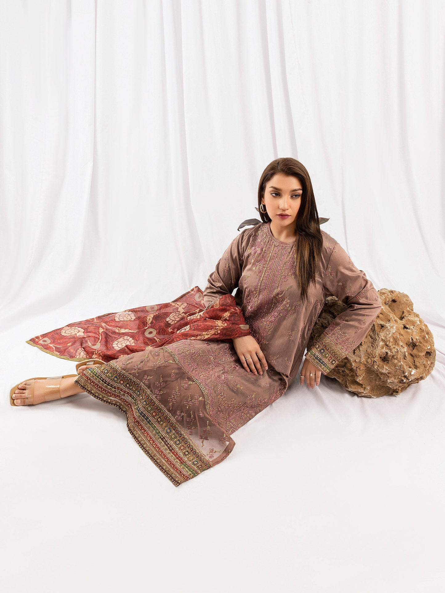 3 Piece Raw Silk Suit-Embroidered (Pret)