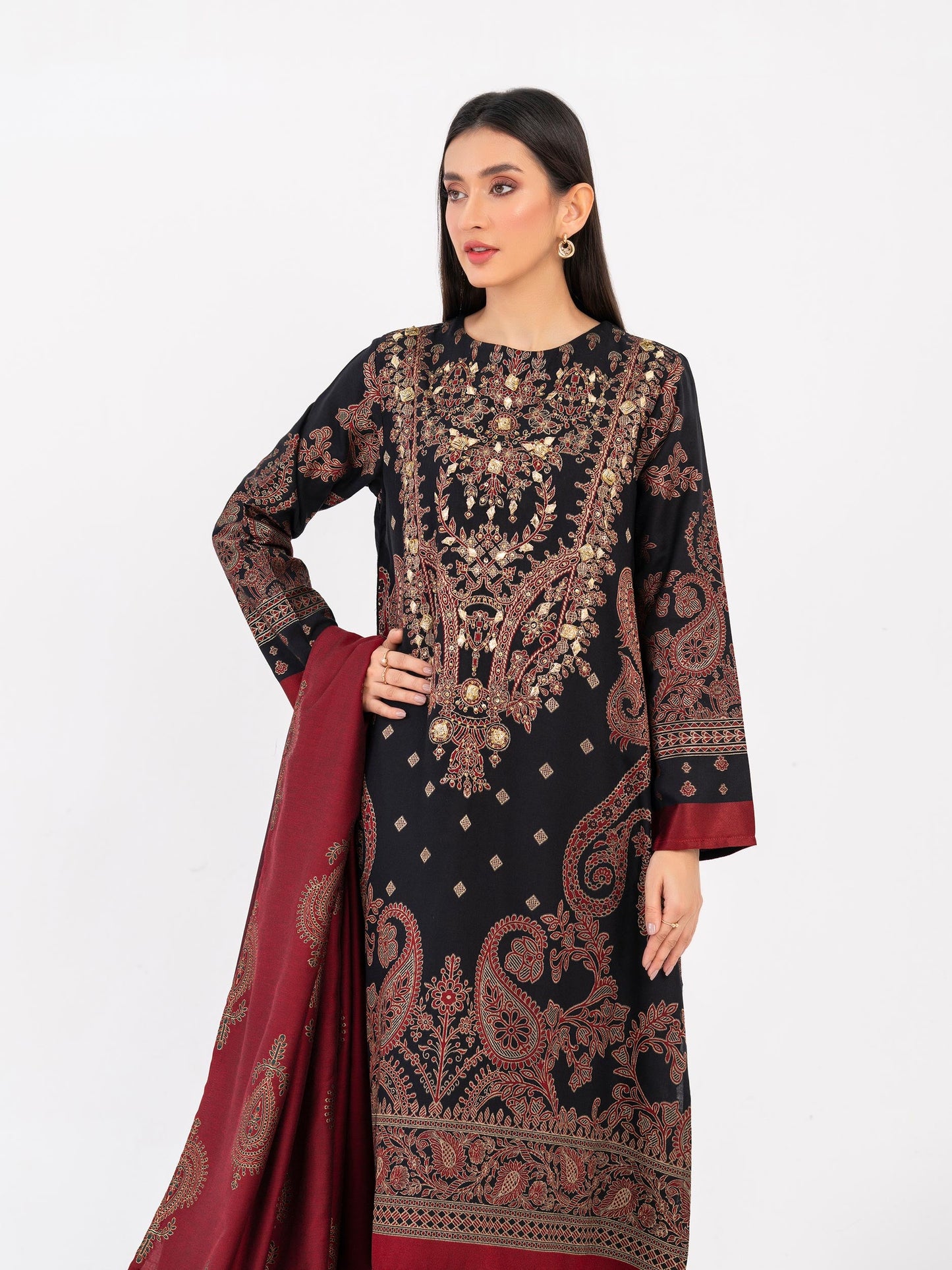 2 Piece Winter Jacquard Suit-Embellished(Pret)