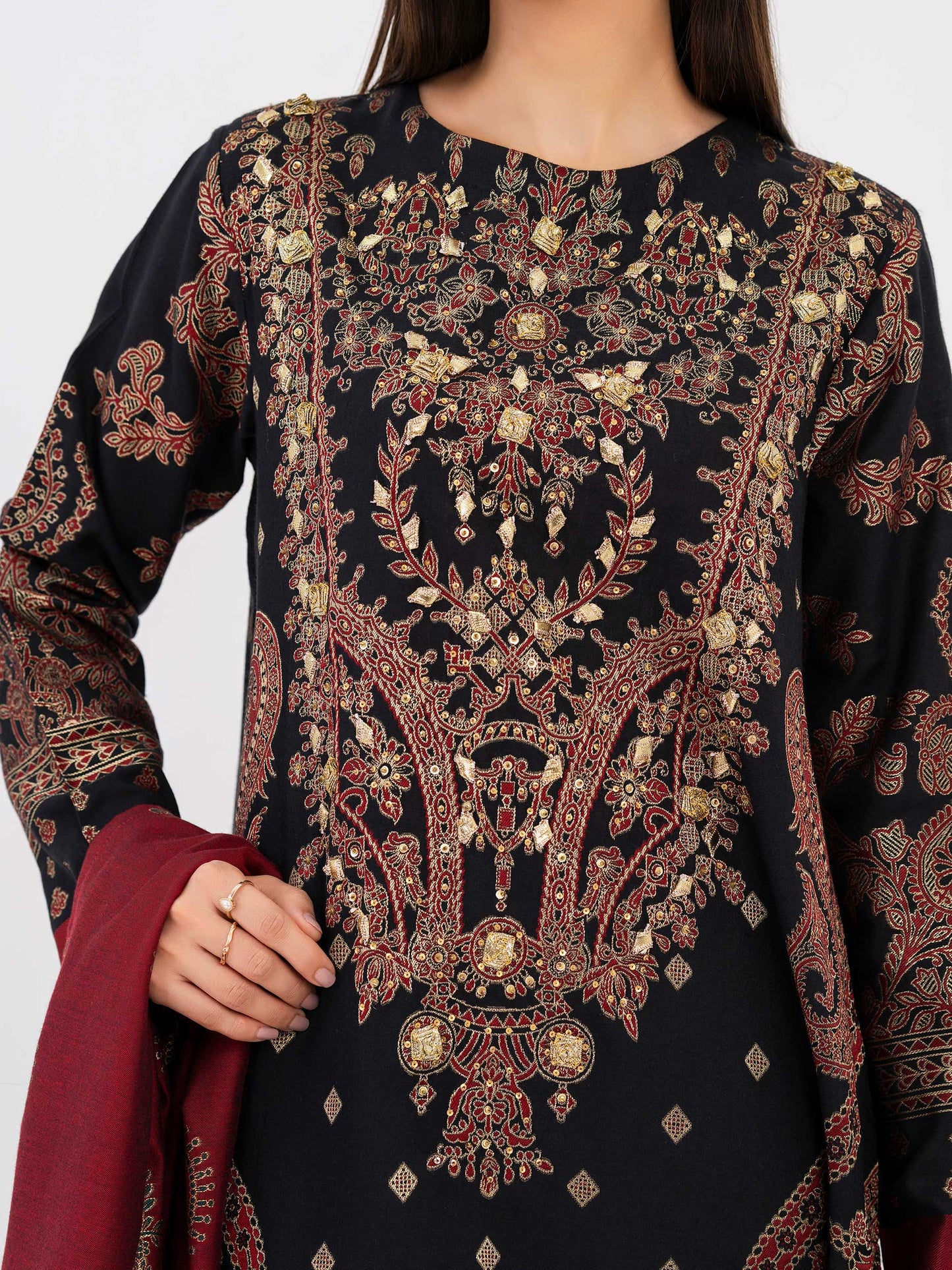 2 Piece Winter Jacquard Suit-Embellished(Pret)