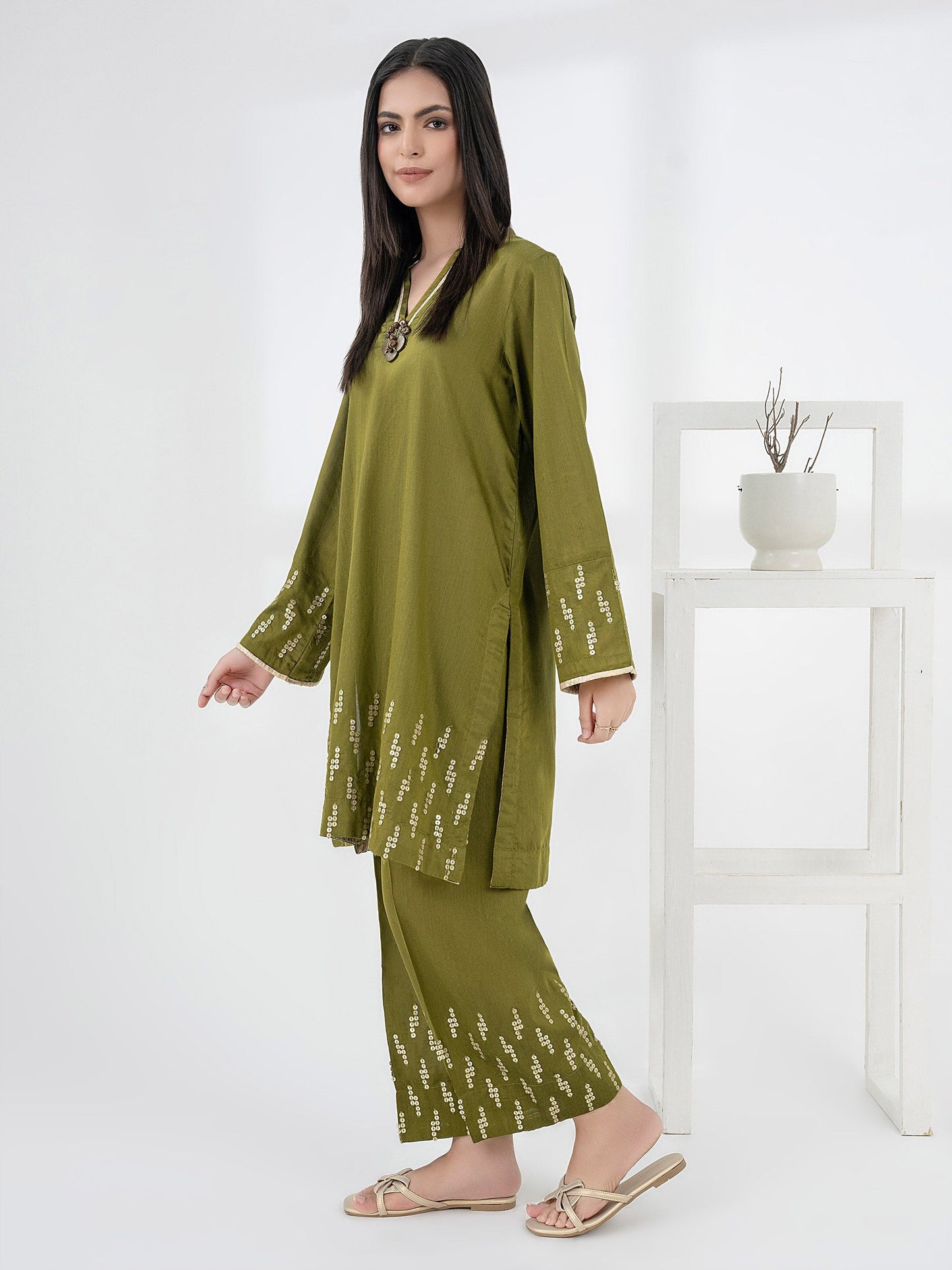 2 Piece Raw Silk Suit-Embellished (Pret)