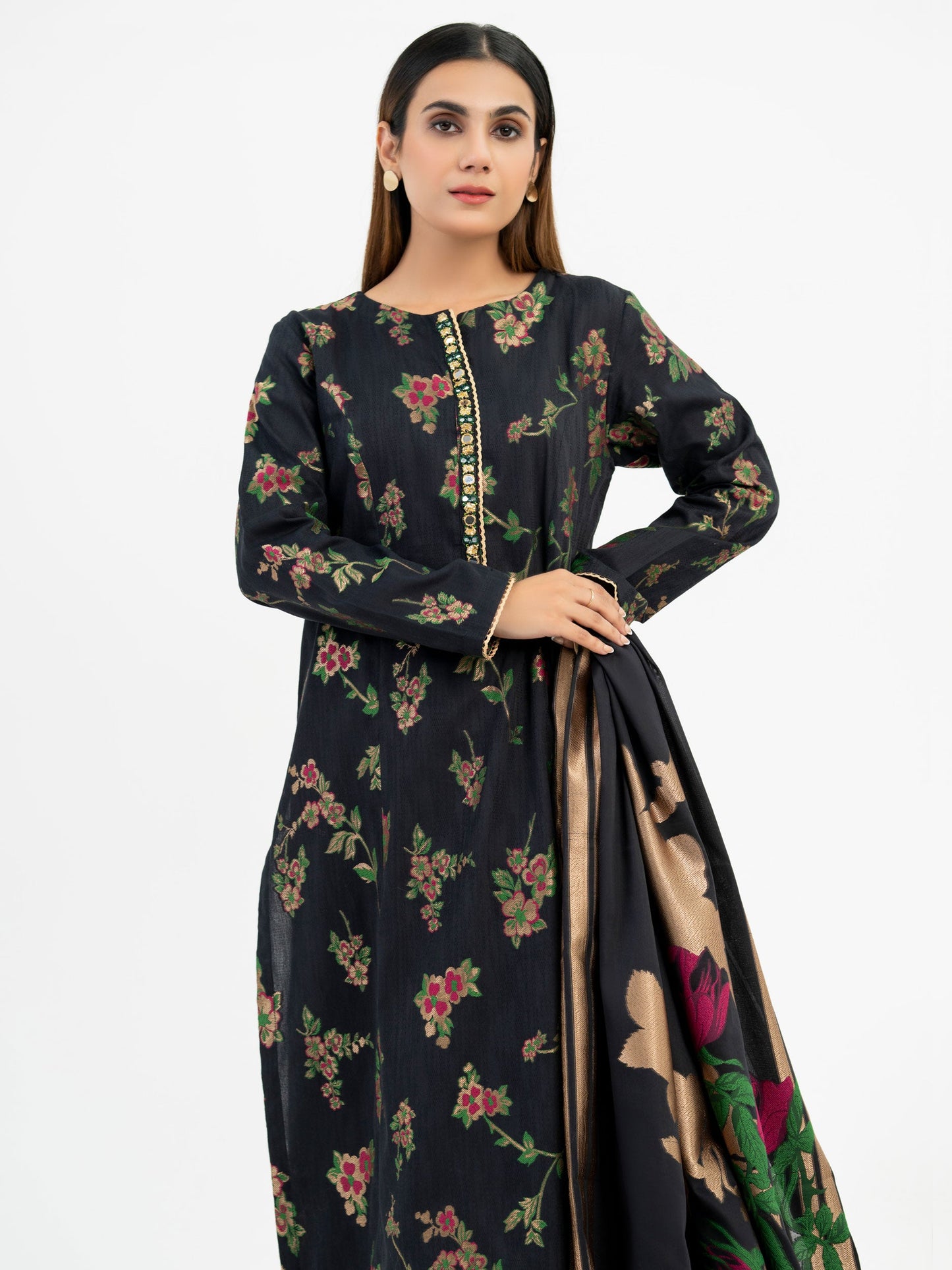 3 Piece Jacquard Suit-Embroidered (Pret)