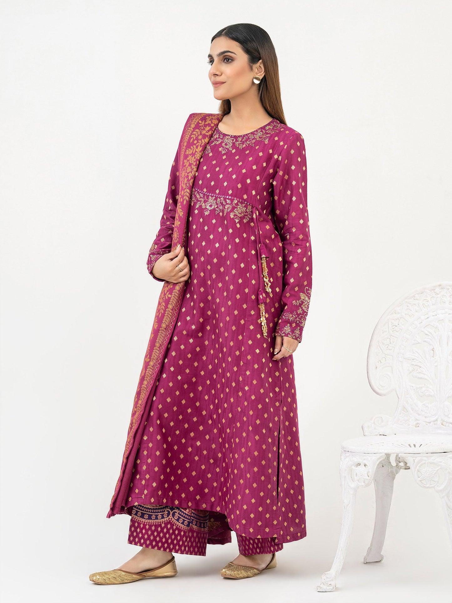 3 Piece Jacquard Suit-Embroidered (Pret)