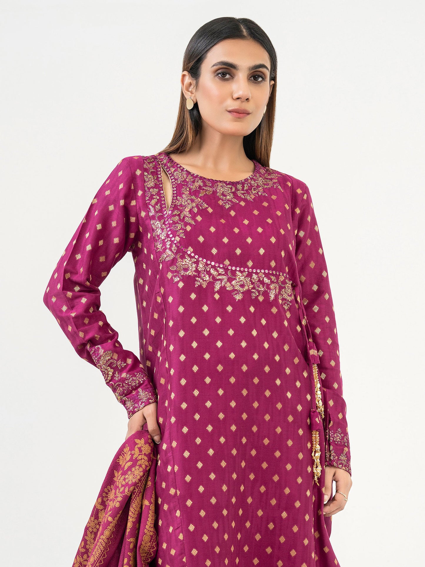 3 Piece Jacquard Suit-Embroidered (Pret)