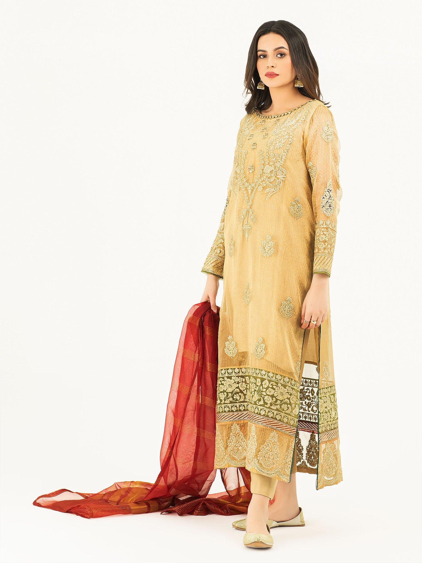 3 Piece Zari Net Suit Embroidered (Pret)