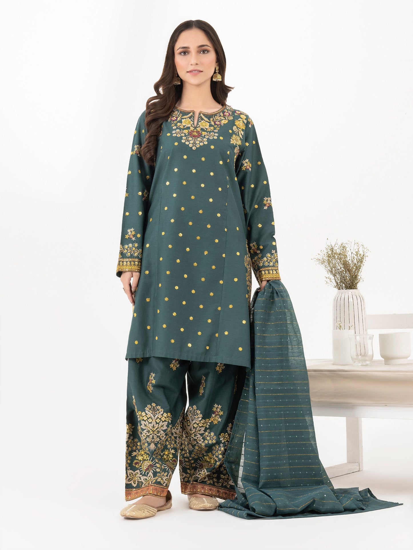 3 Piece Satin Suit-Embroidered (Pret)