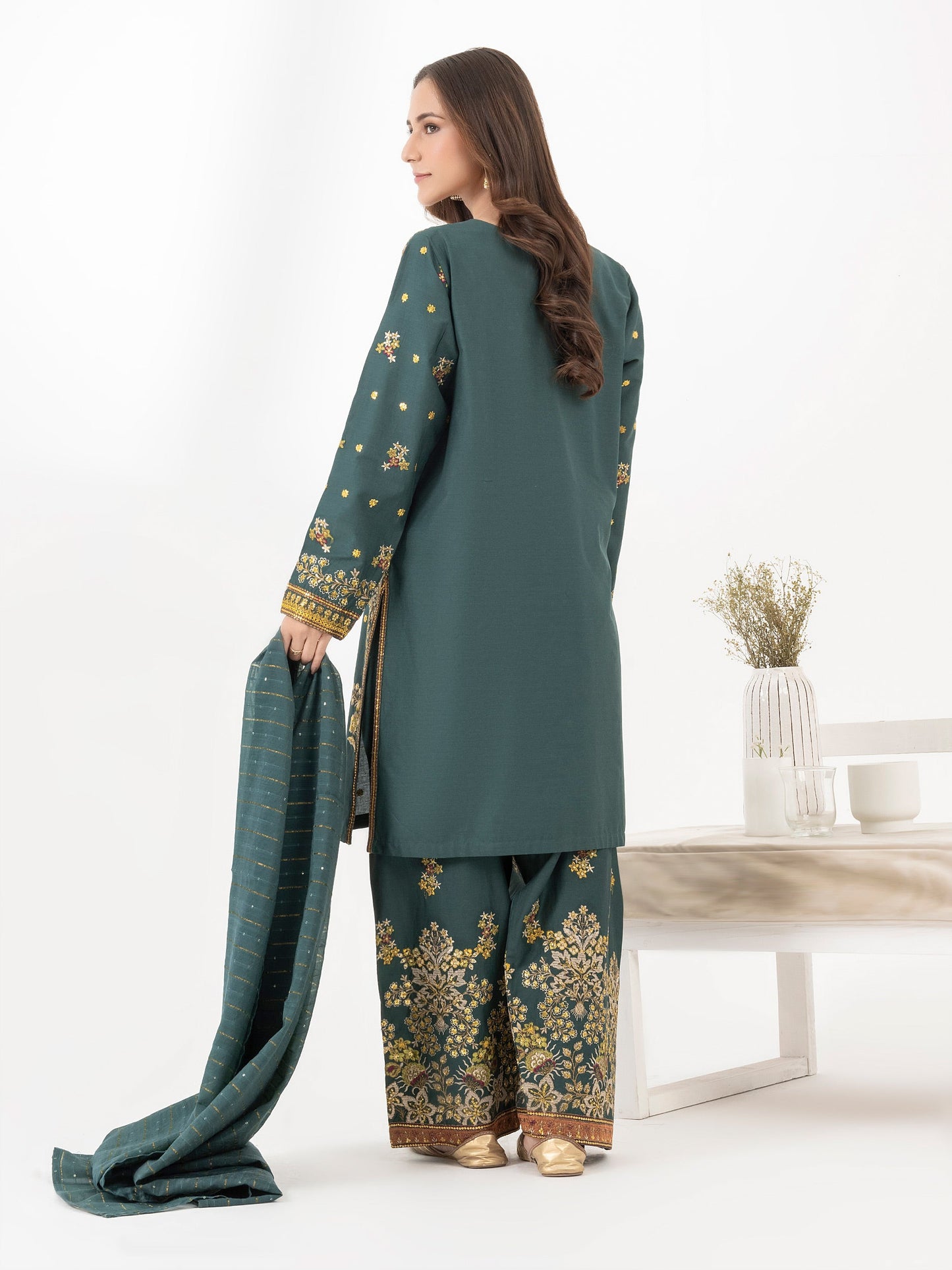 3 Piece Satin Suit-Embroidered (Pret)