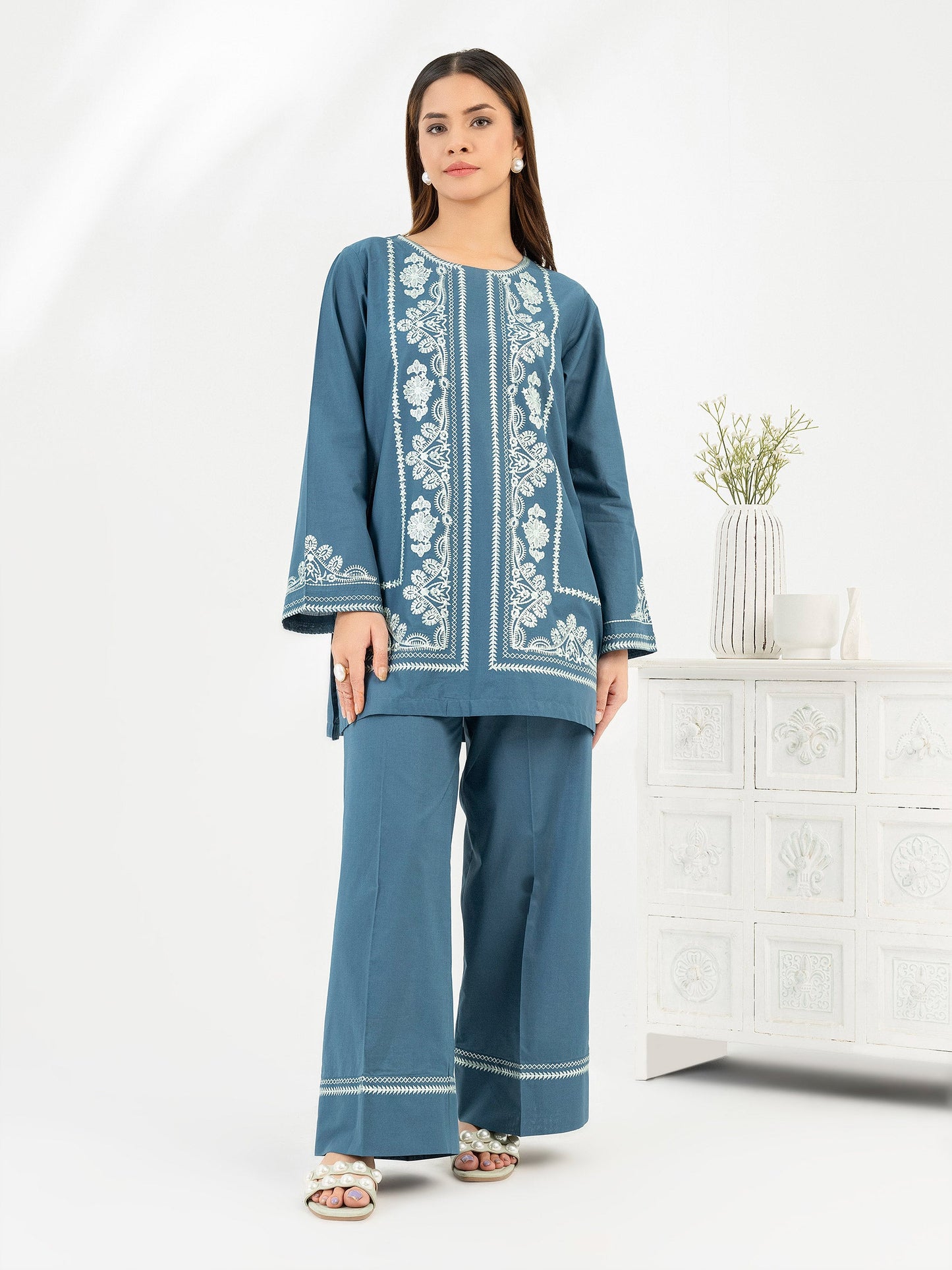 Cambric Co-ord Set-Embroidered (Pret)