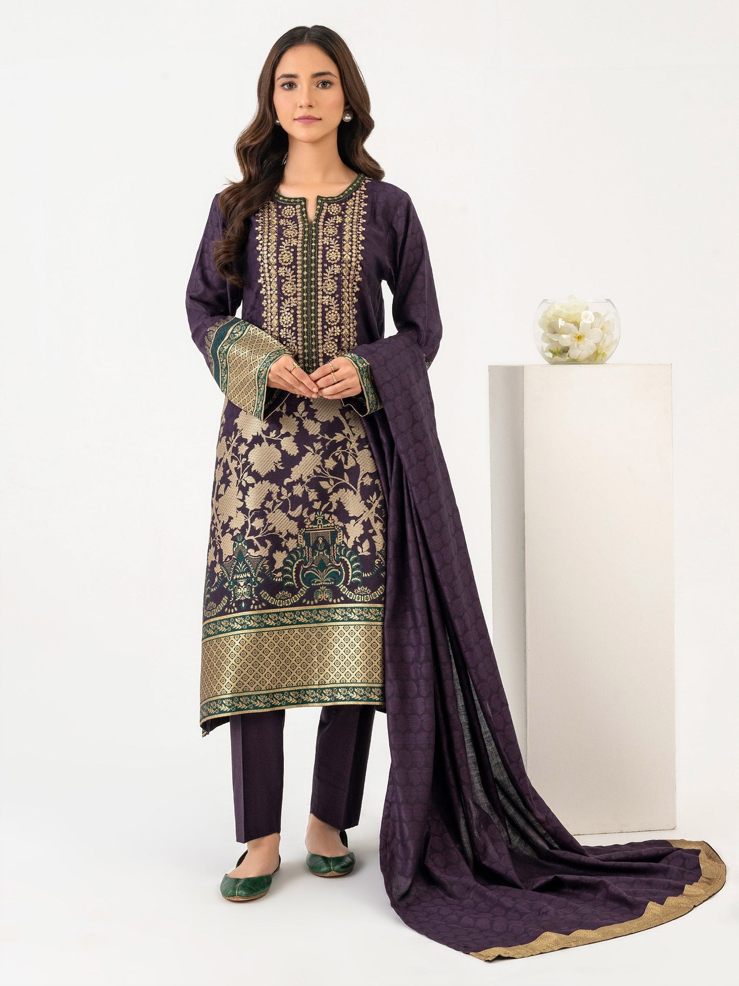 3 Piece Jacquard Suit-Embroidered (Pret)