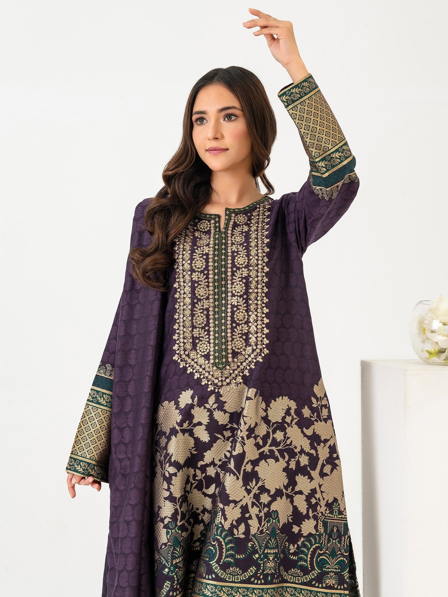 3 Piece Jacquard Suit-Embroidered (Pret)