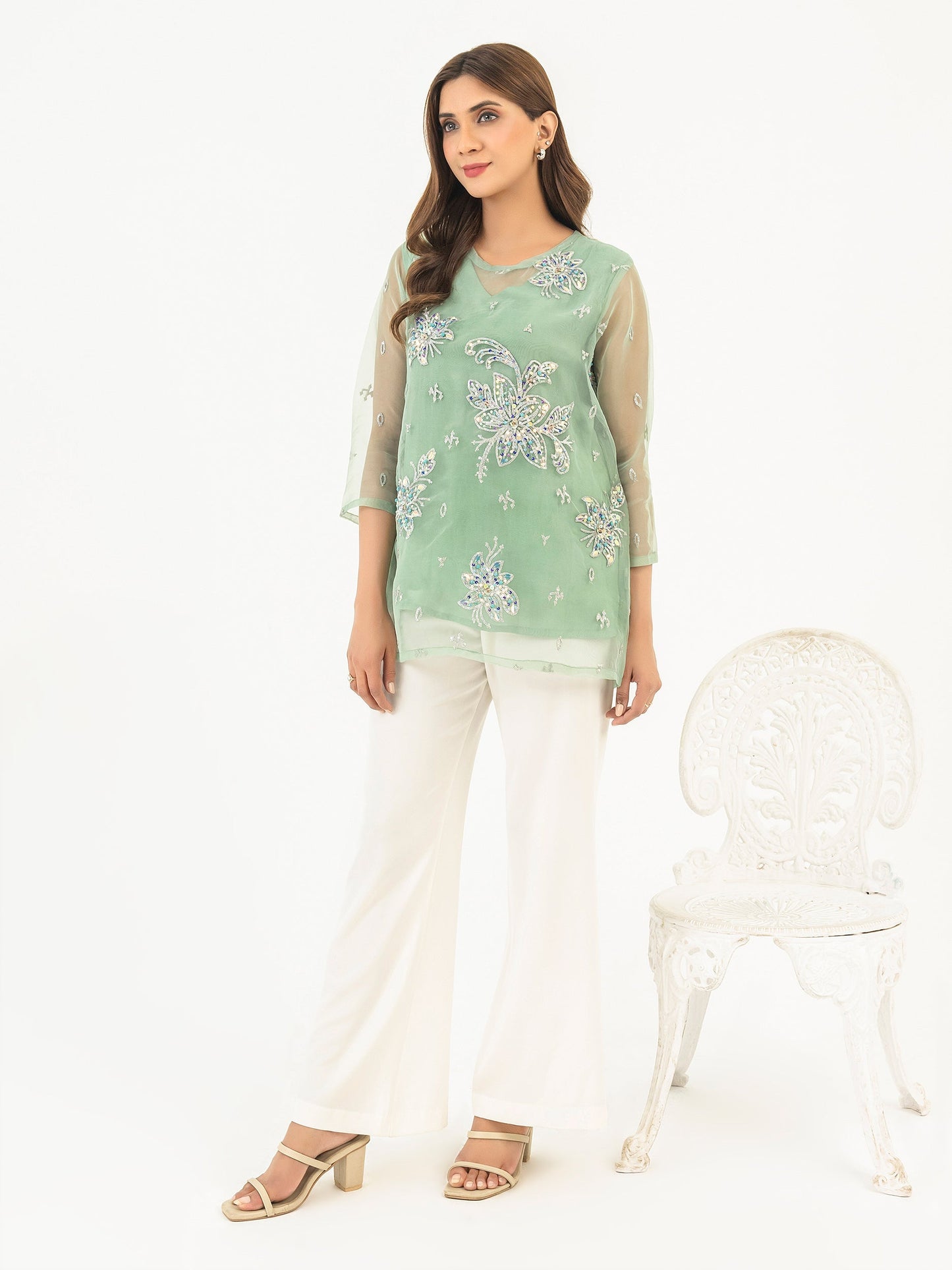 Organza Top With Slip-Embroidered