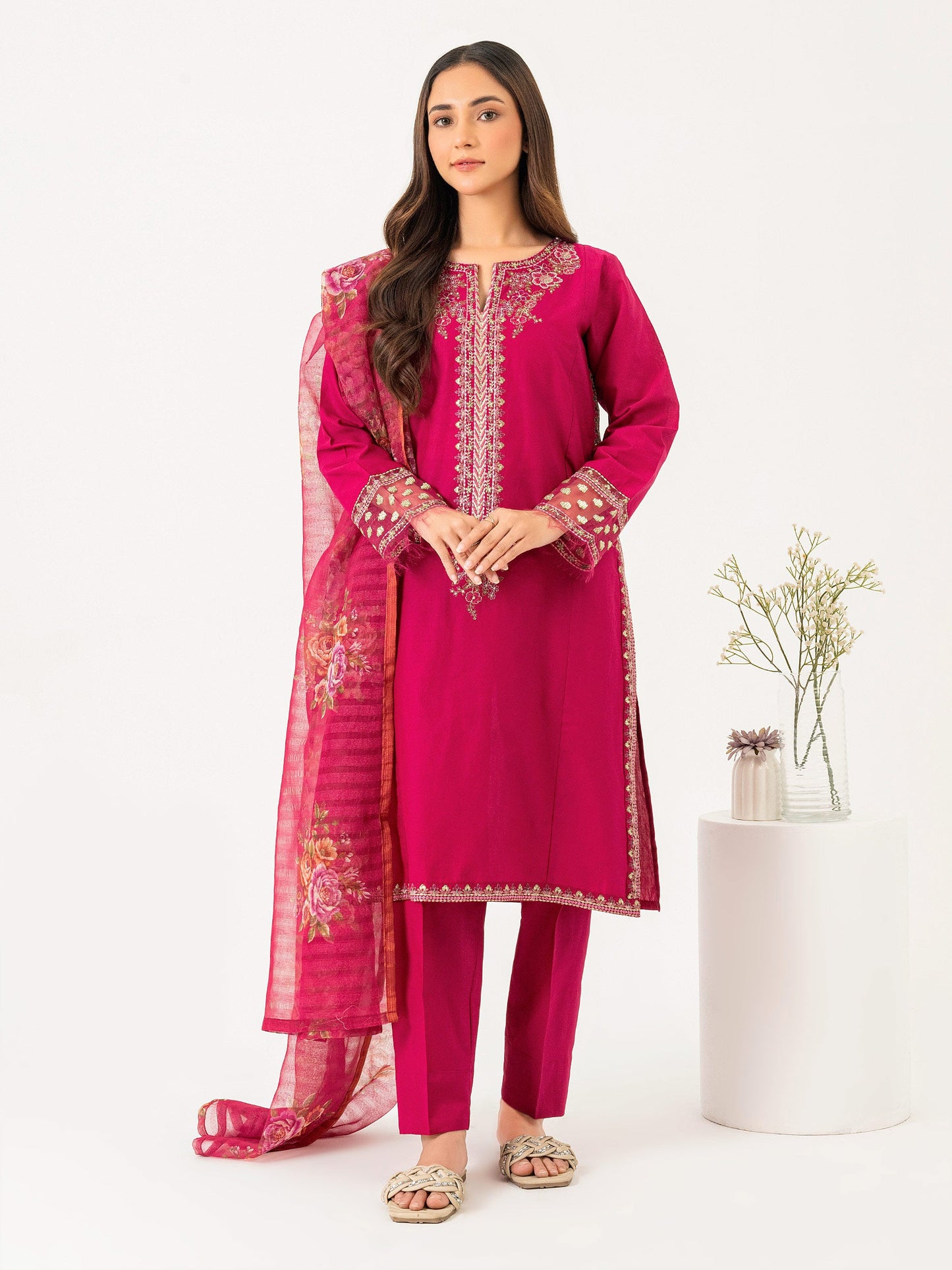 3 Piece Cambric Suit-Embroidered (Pret)